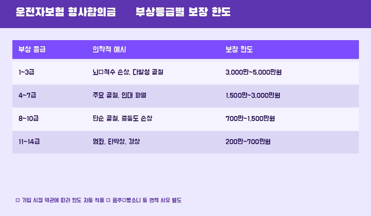 운전자보험 부상등급별 형사합의금 보장 한도 비교표 — 1~14급 등급 구조